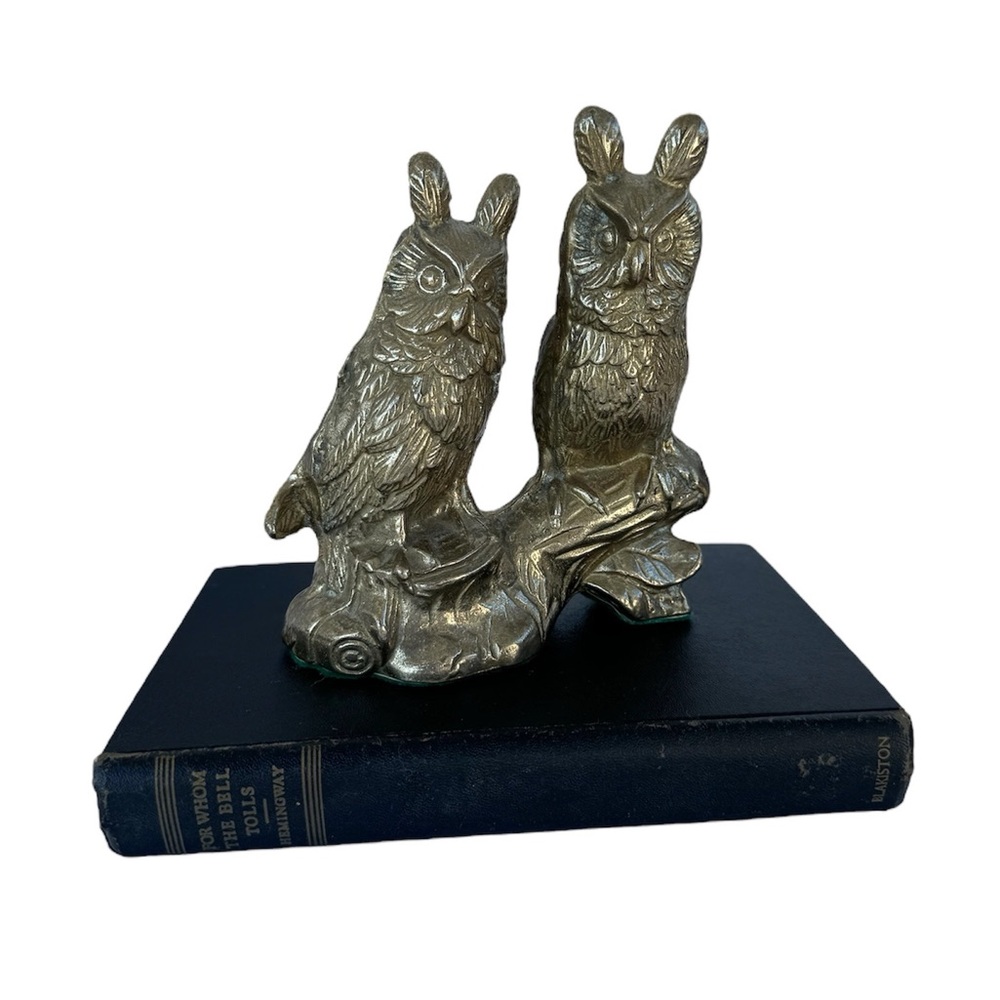 Vintage Brass Owls on Log Statue Figurine Statue